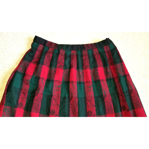 VITNAGE Y2K Womens Skirt-PENDLETON-red/green plaid wool A-line midi pleated-10 - Picture 2 of 4